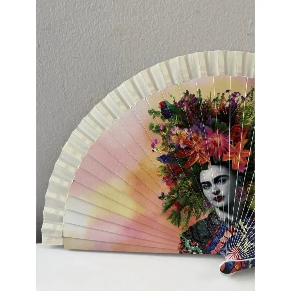 Frida Kahlo Hand Fan Spain – Floral Headpiece Design – Wood & Paper Fan 🇪🇸